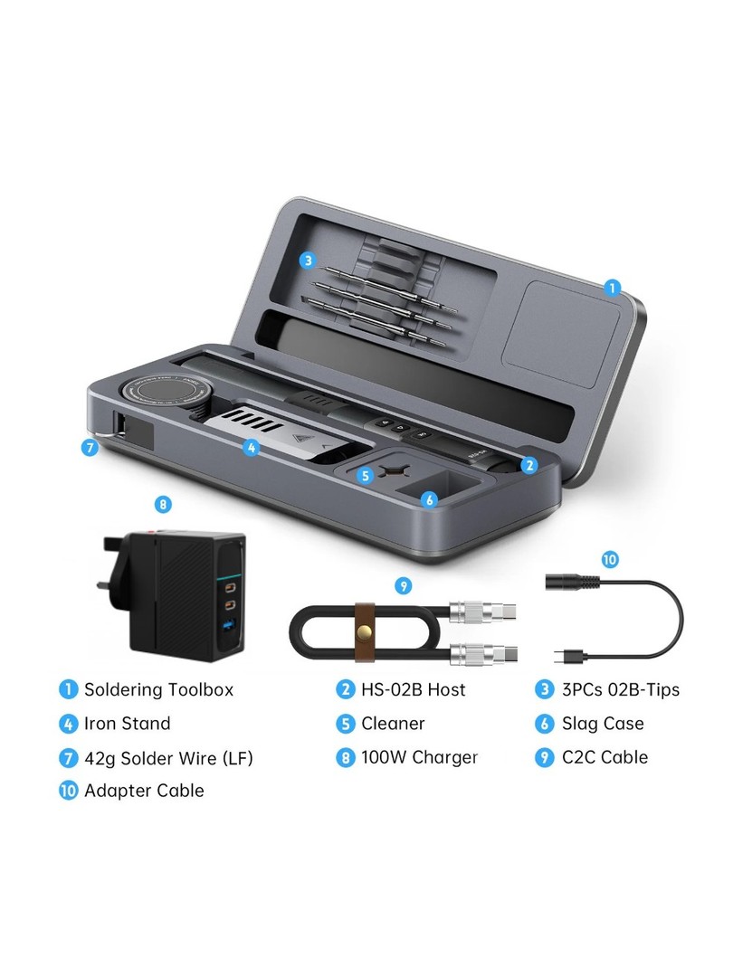 FNIRSI HS-02B Smart Soldering Station with 3 B-Type Tips + Fast Charger 100W