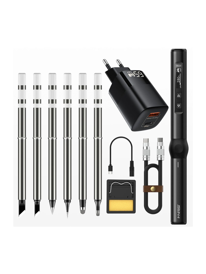 FNIRSI zestaw lutownica HS-01 podstawka kabel DC 6 grotów B2,BC3,ILS,KR,K65 ładowarka 100W przewód USB typu C