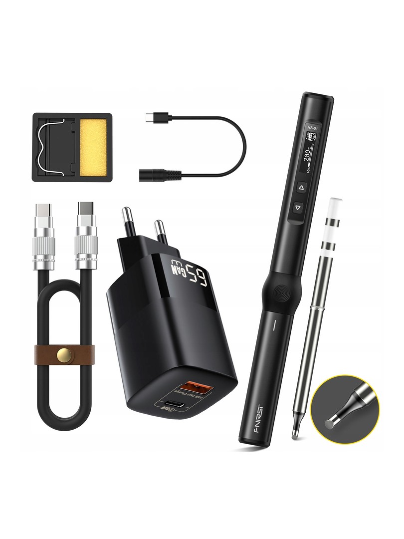 FNIRSI zestaw lutownica HS-01 czarna 65W zasilacz C2C kabel podstawka
