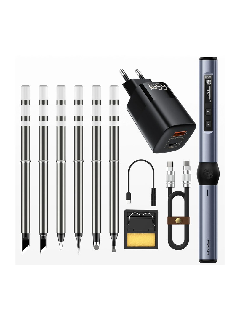 FNIRSI zestaw lutownica HS-01 podstawka kabel DC 6 grotów B2,BC3,ILS,KR,K65 ładowarka 100W przewód USB typu C