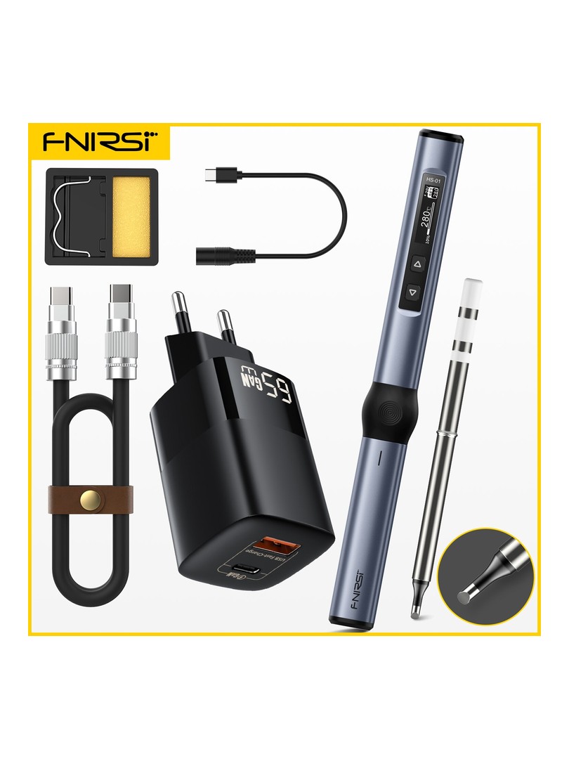 FNIRSI zestaw lutownica HS-01 niebieska 65W zasilacz C2C kabel podstawka