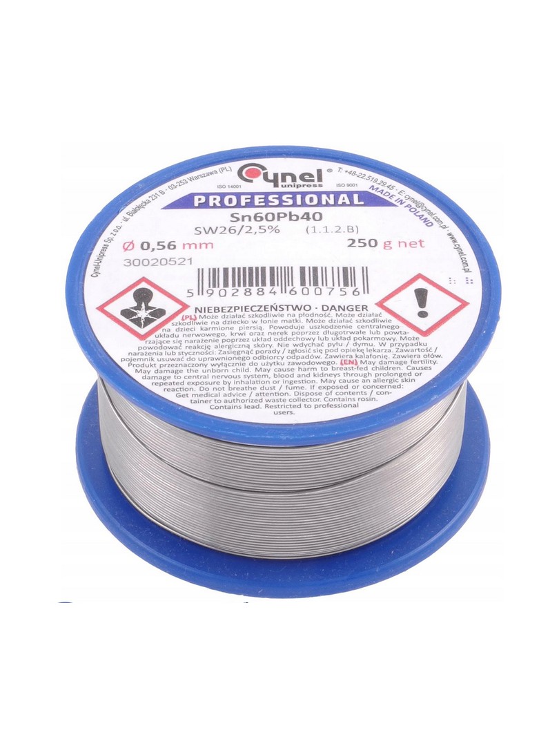 Cynel cyna do lutowania spoiwa Sn60Pb40 SW26 z topnikiem 2,5% Ø0.50mm 250g