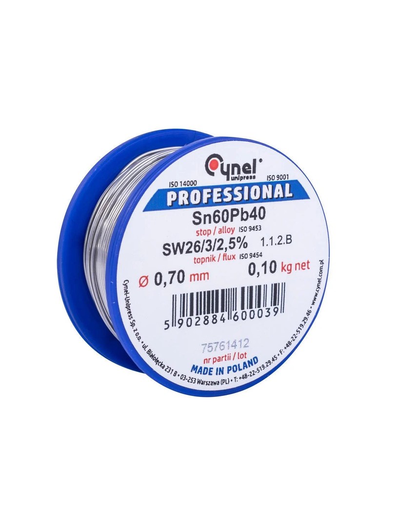 Cynel cyna do lutowania spoiwa Sn60Pb40 SW26 z topnikiem 2,5% Ø0.70mm 100g