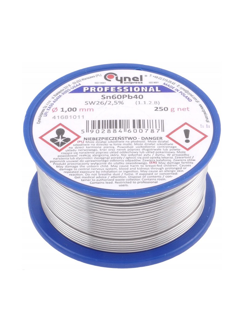 Cynel cyna do lutowania spoiwa Sn60Pb40 SW26 z topnikiem 2,5% Ø1.00mm 250g
