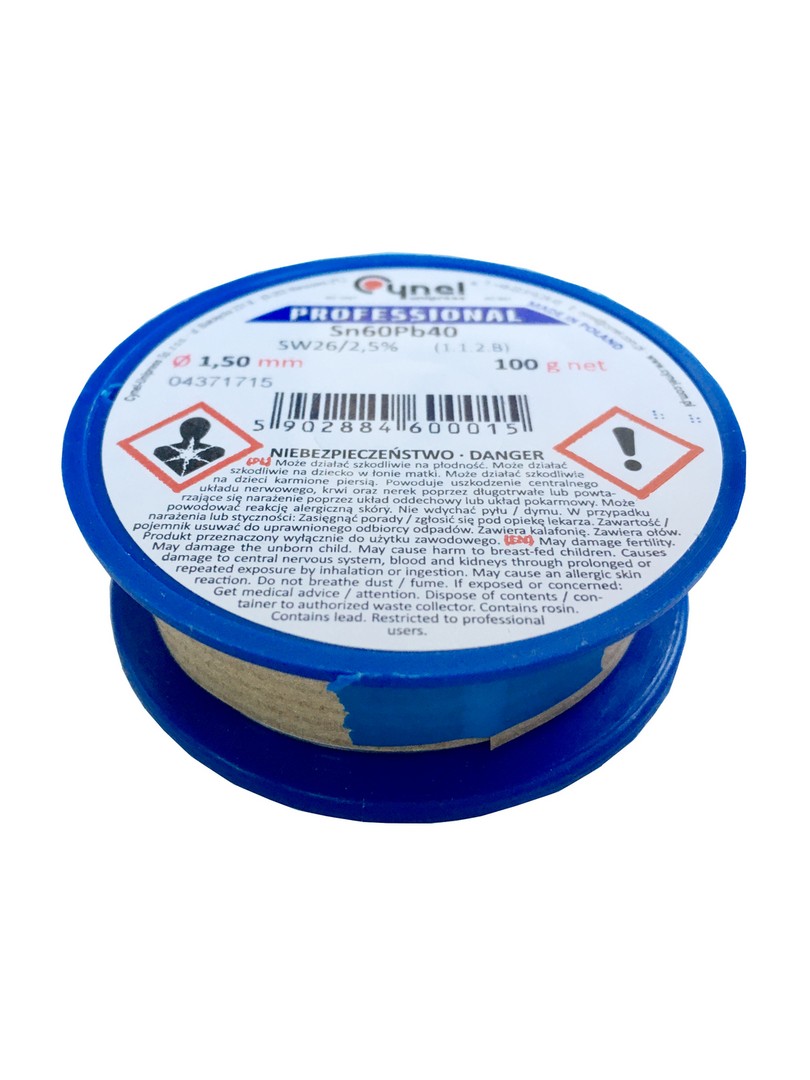 Cynel cyna do lutowania spoiwa Sn60Pb40 SW26 z topnikiem 2,5% Ø1.50 mm 100g