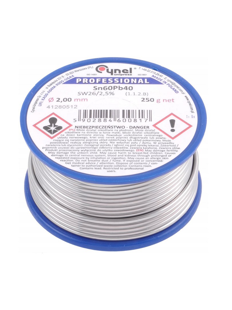 Cynel cyna do lutowania spoiwa Sn60Pb40 SW26 z topnikiem 2,5% Ø2.00mm 250g