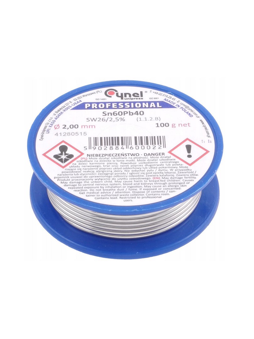 Cynel cyna do lutowania spoiwa Sn60Pb40 SW26 z topnikiem 2,5% Ø2.00mm 100g