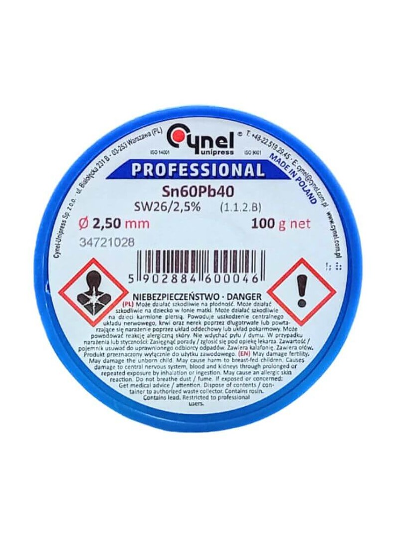 Cynel cyna do lutowania spoiwa Sn60Pb40 SW26 z topnikiem 2,5% Ø2.50mm 100g