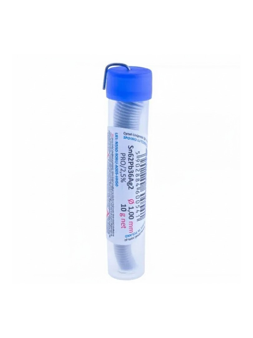 Cynel cyna do lutowania spoiwa Sn62Pb36Ag2 PRO z topnikiem 2.5% Ø1.00mm 10g
