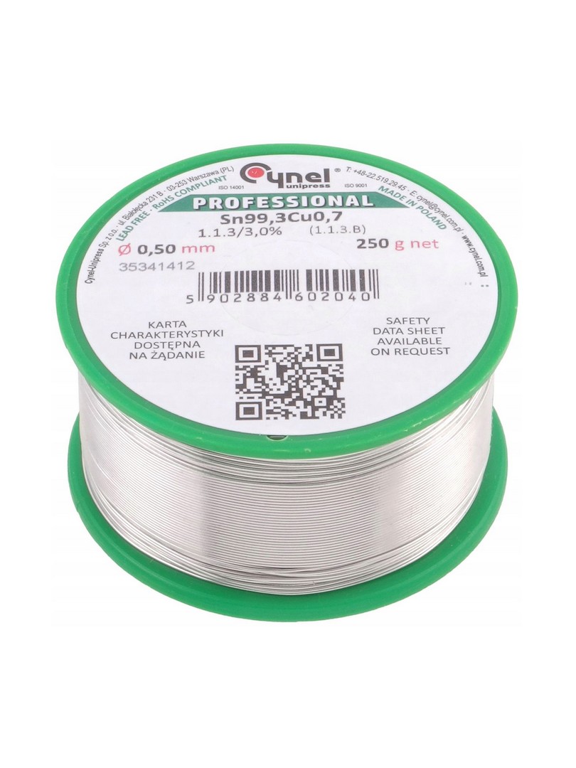 Cynel cyna do lutowania bezołowiowy Sn99.3Cu0.7 1.1.3 topnik 3% Ø0.50mm 250g