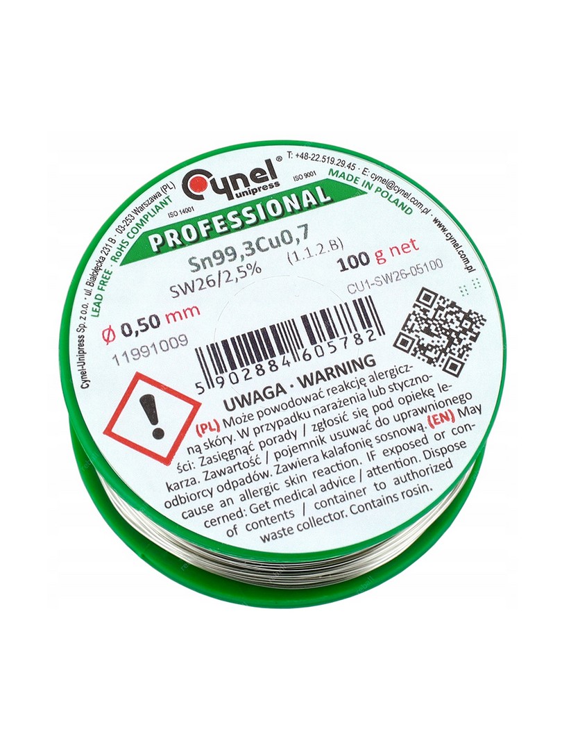 Cynel cyna do lutowania bezołowiowy Sn99.3Cu0.7 1.1.3 topnik 3% Ø0.50mm 100g