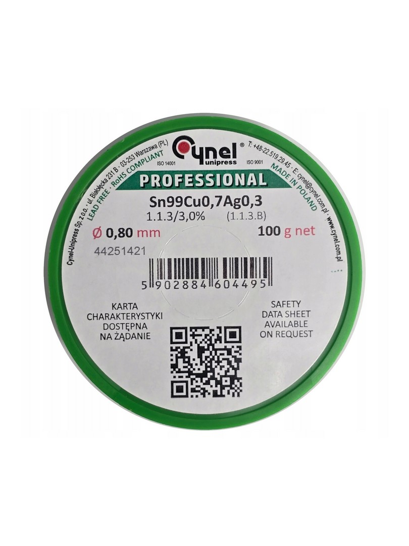 Cynel cyna do lutowania bezołowiowy Sn99.3Cu0.7 1.1.3 topnik 3% Ø0.80mm 100g