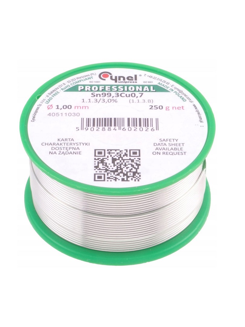 Cynel cyna do lutowania bezołowiowy Sn99.3Cu0.7 1.1.3 topnik 3% Ø1.00mm 250g