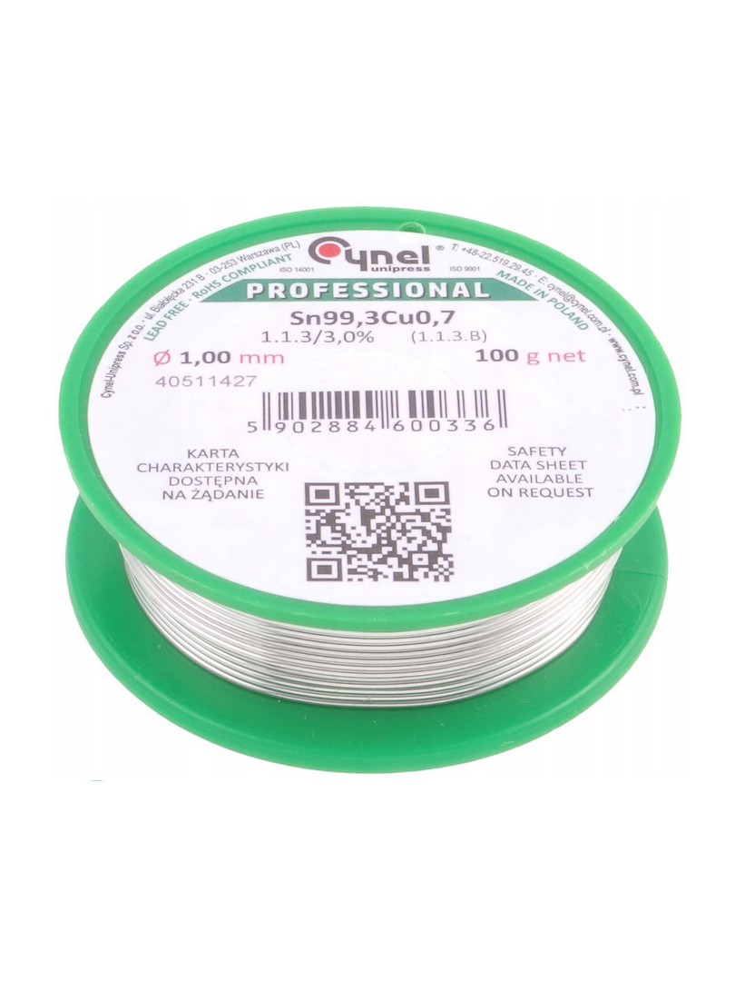 Cynel cyna do lutowania bezołowiowy Sn99.3Cu0.7 1.1.3 topnik 3% Ø1.00mm 100g